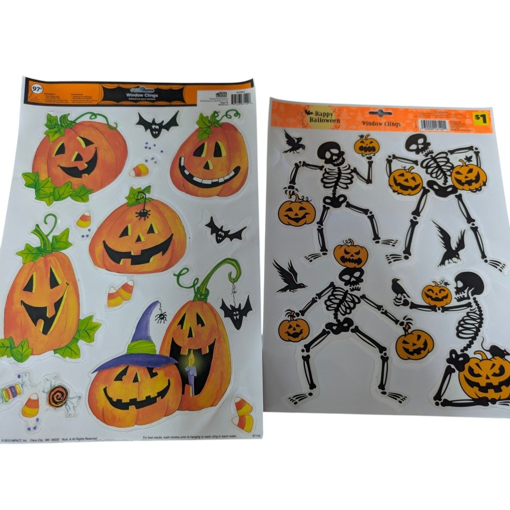 Halloween Window Clings Skeletons Pumpkins Jack-O-Lanterns 2 Sheets 12x17